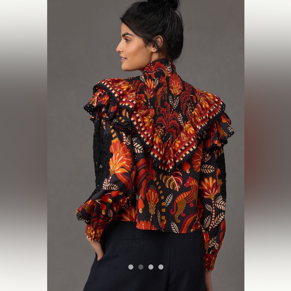 FARM Rio Black Multicolor High-Neck Ruffled Floral Blouse - Picture 2 of 6